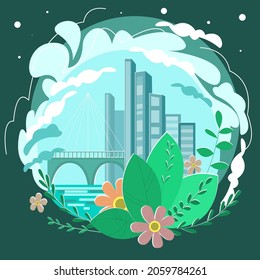 Flat design illustration abstraction of nature.Bridge over the river. City abstraction