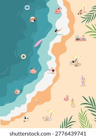 Flat design illustration with an aerial view of diverse people enjoying various activities on a sunny beach and in the ocean. Ideal for summer travel and outdoor campaigns.