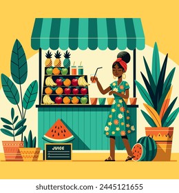 Flat design illustration of an African woman serving juice at a vibrant street stand, surrounded by plants.