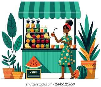 Flache Design-Illustration einer afrikanischen Frau, die Saft an einem lebendigen Straßenstand serviert, isoliert auf weißem Hintergrund.