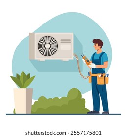 A flat design illustration of an air conditioning technician servicing an outdoor air conditioning unit.