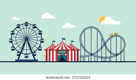 Flat design illustration of an amusement park with a Ferris wheel, roller coaster, and circus tent under a cloudy sky.