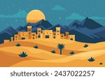 Flat Design Illustration of Ancient Palace Building in Arabian Desert at Night