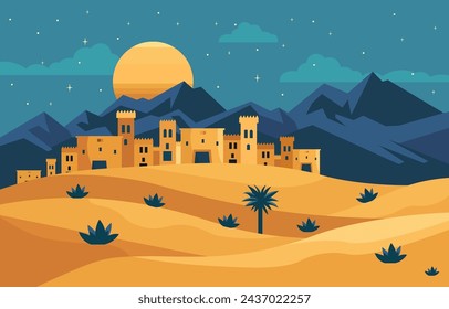 Flat Design Illustration of Ancient Palace Building in Arabian Desert at Night