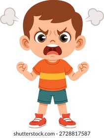 Ilustración de diseño plano de un personaje de chico enojado con los puños apretados y una fuerte expresión emocional. Esta pose representa la ira, la frustración, la determinación o la protesta, lo que la hace adecuada para el contenido de los niños, los materiales de aprendizaje emocional, los proyectos educativos, las hojas de trabajo escolares, las imágenes de narración de historias, los temas de psicología y la comunicación enfocada en los niños. El estilo plano limpio y el lenguaje corporal expresivo hacen que esta ilustración sea ideal para diseños educativos modernos, App, Sitios web, mascotas y narración visual.