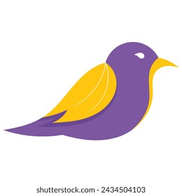 flat design illustration of an animal logo, bird body with basic colors of purple and yellow, creative drawing 