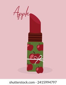 Flat Design Illustration with Apple Lipstick and Ribbon
