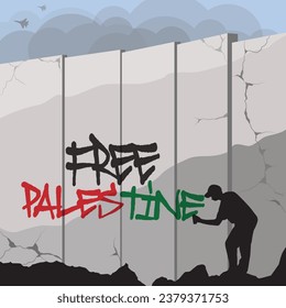 Flat design illustration of artist drawing graffiti Free Palestine on the wall