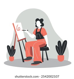 Flat Design Illustration of an Artist Painting on Canvas, Woman Creating Art in a Studio Setting. Vector Art Representing Creativity, Artistic Expression, and Hobby. Perfect for Art