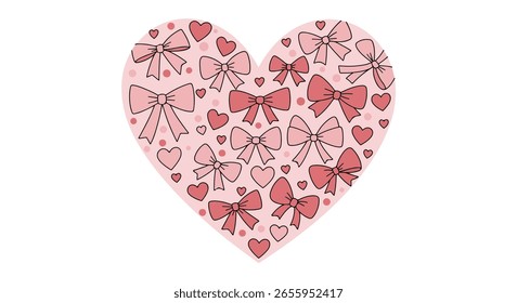 Flat design illustration of assorted pink bows and hearts inside a large pale pink heart outline. Set against a white background, the elements feature thin dark outlines for a delicate, graphic look.