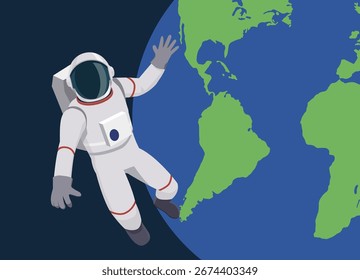 Ilustración de diseño plano de un astronauta en una caminata espacial, con la Tierra como fondo.