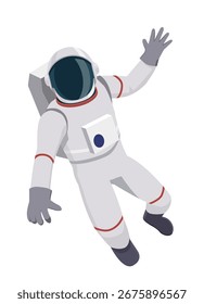 Ilustração plana de um astronauta realizando uma caminhada espacial, fundo branco.