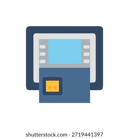 Ilustração de design plano de uma máquina ATM com cartão de crédito inserido. Estilo limpo e minimalista ideal para tecnologia financeira ou conceitos bancários.