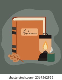 Flat Design Illustration with Autumn Book and Candle, Hot Drink, Leaf