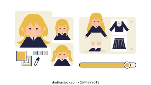 Flat design illustration of avatar customization interface with character editor