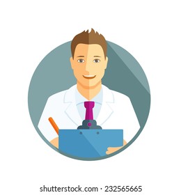 Flat design illustration with avatar of doctor holding clipboard