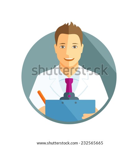 Flat design illustration with avatar of doctor holding clipboard