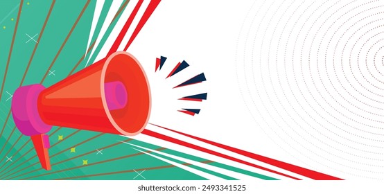 Flat Design Illustration Background of Hand Holding Megaphone Horn Speaker for Attention Announcement with Copy Space, Megaphone, loudspeaker. Speaker, social media, advertising and promotion symbol.