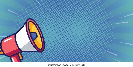 Flat Design Illustration Background of Hand Holding Megaphone Horn Speaker for Attention Announcement with Copy Space, Megaphone, loudspeaker. Speaker, social media, advertising and promotion symbol.