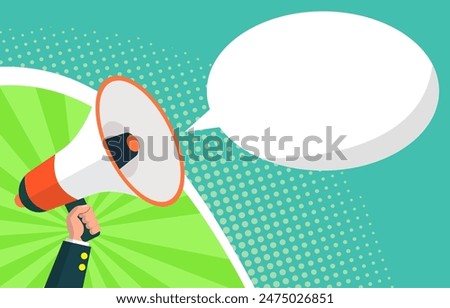 Flat Design Illustration Background of Hand Holding Megaphone Horn Speaker for Attention Announcement with Copy Space