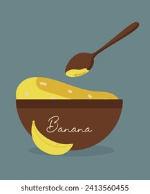Flat Design Illustration with Banana Jam at Plate and Spoon