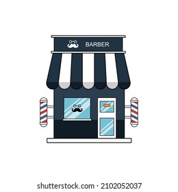 flat design. illustration of a barbershop with dark blue paint that shows the masculine side of a man and there is a barbershop icon on the top