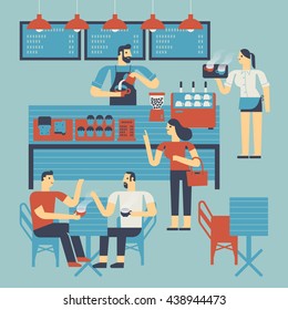 Flat design illustration barista working in coffee shop. People drinking coffee and relaxing in a coffee shop.  