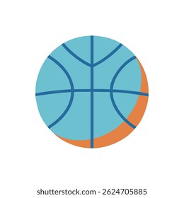 Uma ilustração de design plano de uma bola de basquete usando cores azul e laranja, definida contra um fundo branco.
