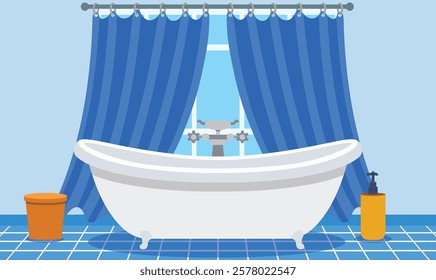 Flat Design Illustration of Bathtub in Clean Bathroom at Home with Curtain on the Window