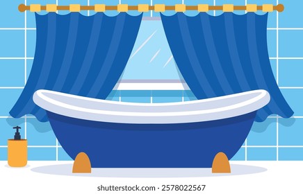 Flat Design Illustration of Bathtub in Clean Bathroom at Home with Curtain on the Window