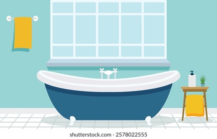 Flat Design Illustration of Bathtub in Cozy Clean Bathroom at Home with Window