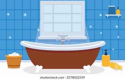 Flat Design Illustration of Bathtub in Cozy Clean Bathroom at Home with Window