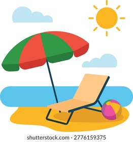 A flat design illustration of a beach setting. A green and red umbrella is open, casting a shadow over a peach lounge chair. A multi-colored beach ball sits on the sand. The background features a calm blue sea, a bright yellow sun, and fluffy clouds against a white backdrop.