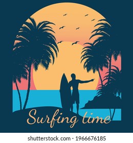 flat design illustration of the beach and surfers