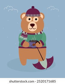 Ilustración plana del diseño con el té de la tenencia del oso, paraguas