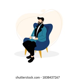 flat design - illustration of a bearded man sitting with a warm cup of coffee with white background.