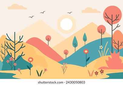 Ilustración de diseño plano de hermoso paisaje de montaña con plantas de colores en verano