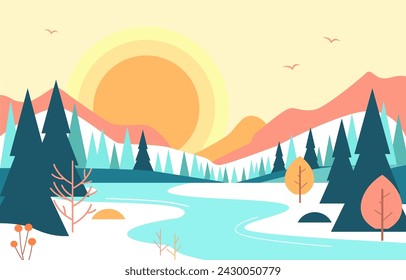 Flat Design Illustration of Beautiful Nature Landscape with Pine Trees in Summer