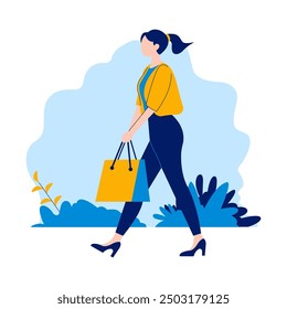 Flat Design Illustration of Beautiful Woman Walking in the Park While Holding Shopping Paper Bag