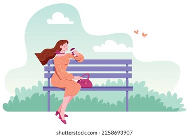 Ilustración de diseño plano de una hermosa joven descansando en un banco del parque y bebiendo café o té caliente.