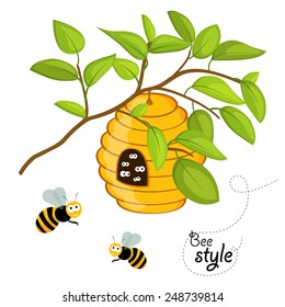 Flat design illustration of a beehive on a tree branch, with cute eyes staring out from the entrance of the hive and another honey bees flying around. In vector