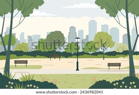 Flat Design Illustration of Bench in City Park with Cityscape in Bright Sky