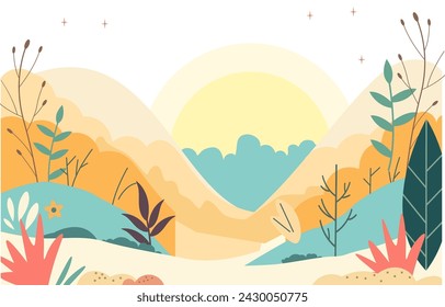 Flat Design Illustration of Big Sun in Summer with Foliage Plants