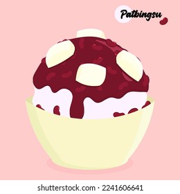 	
Flat design illustration of bingsu. Korean shaved ice with sweet red beans. Asian dessert food vector