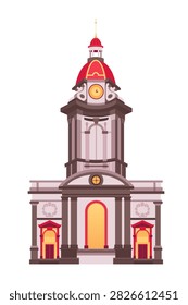 Flat design illustration of Birmingham Cathedral with its iconic red dome, clock tower, and classical facade. Clean geometry and warm colors highlight this historic city landmark for travel, culture, and architecture visuals.