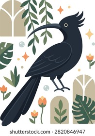 A flat design illustration of a black bird with a long, curved beak and a long tail, set against a white background with decorative elements.