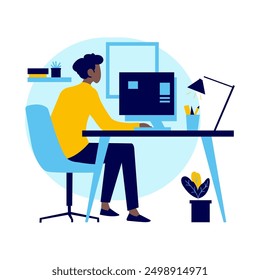 Flat Design Illustration of Black Man Employee Working with Computer at Office