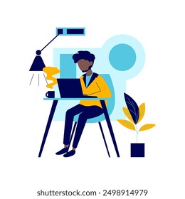 Flat Design Illustration of Black Man Employee Working with Laptop at Office