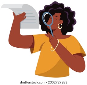 Flat design illustration of black woman holding magnifying glass, examining the fine print of a document.