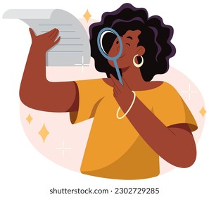 Flat design illustration of black woman holding magnifying glass, examining the fine print of a document.